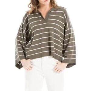 Max Studio Size M Olive/Cream Stripe Johnny Collar Crop Sweater Neutral Basic